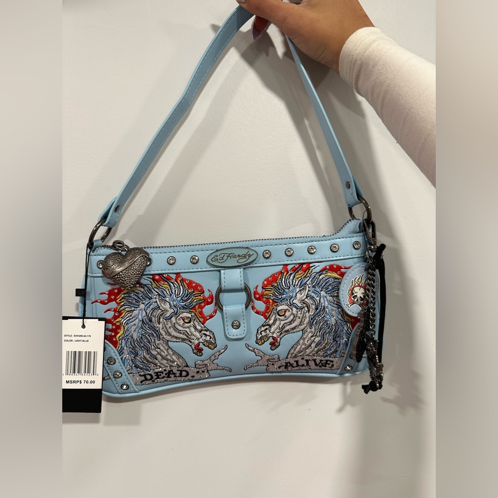 Ed Hardy Light Blue Embroidered Unicorn Shoulder Bag with Stud Accents